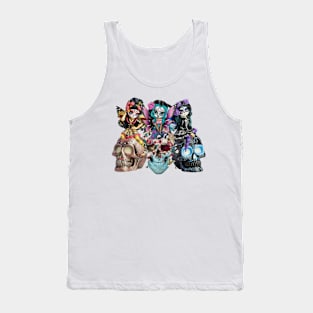 Three Sugar Skulls Flowers Angels Skull Tank Top